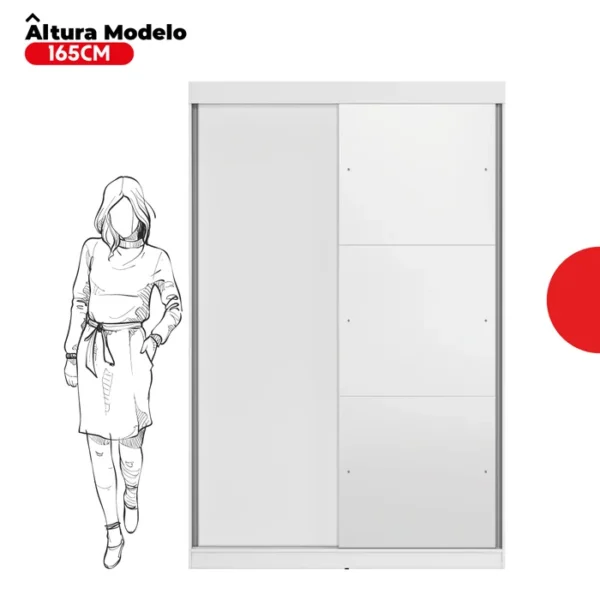 Guarda-Roupa Solteiro 2 Portas de Correr 2 Gavetas e Espelho Peônia Branco - Image 4