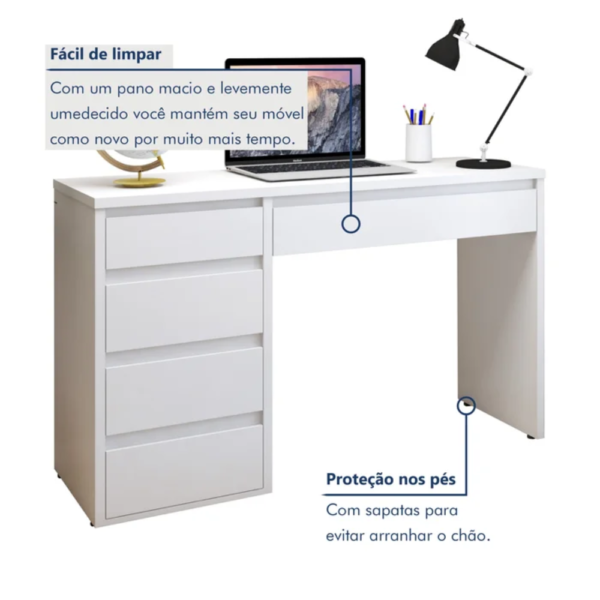 Escrivaninha 5 Gavetas 100% MDF   Branco - Image 7