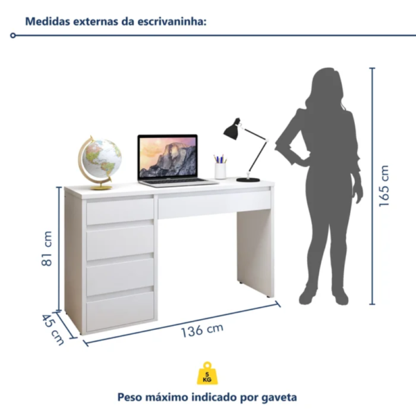 Escrivaninha 5 Gavetas 100% MDF   Branco - Image 8