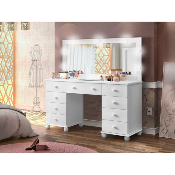 Penteadeira LED com Espelho 9 Gavetas Camarim Planet Baby Branco