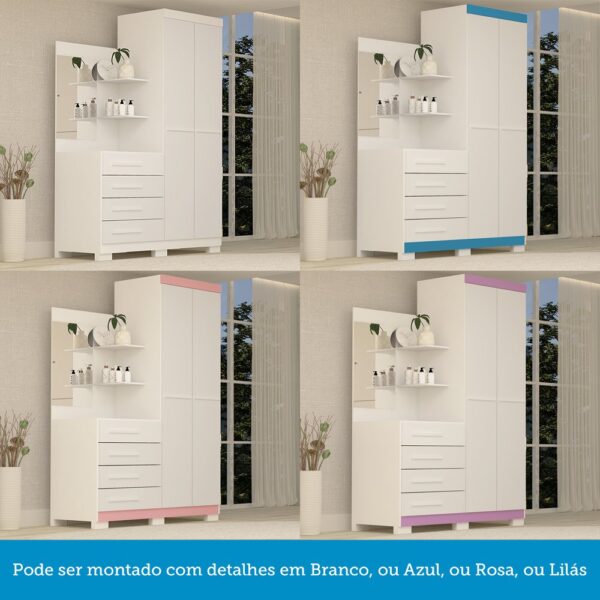 Guarda Roupa Solteiro 110cm 2 Portas e 4 Gavetas com Espelho Flex Color 100% Mdf Melissa  Branco/Rosa/Azul/Lilás - Image 10
