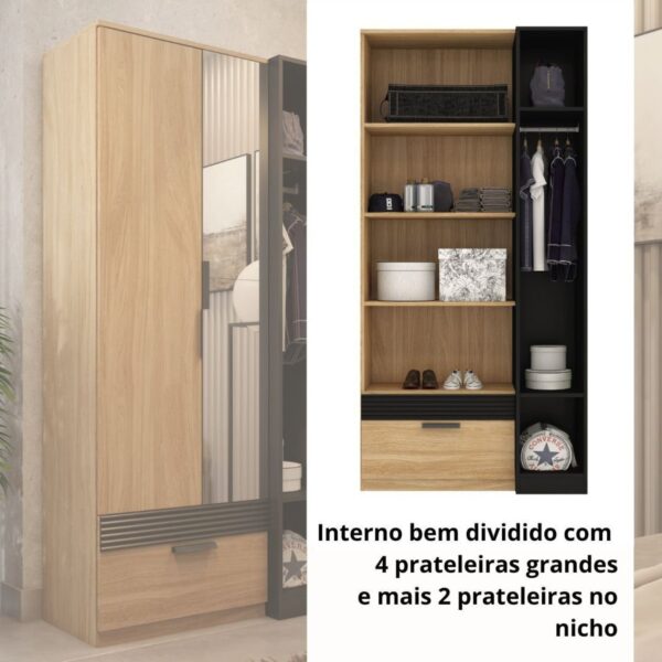 Guarda Roupa Solteiro com Espelho 2 Portas 1 Gaveta Capri  Amêndoa/Preto - Image 6