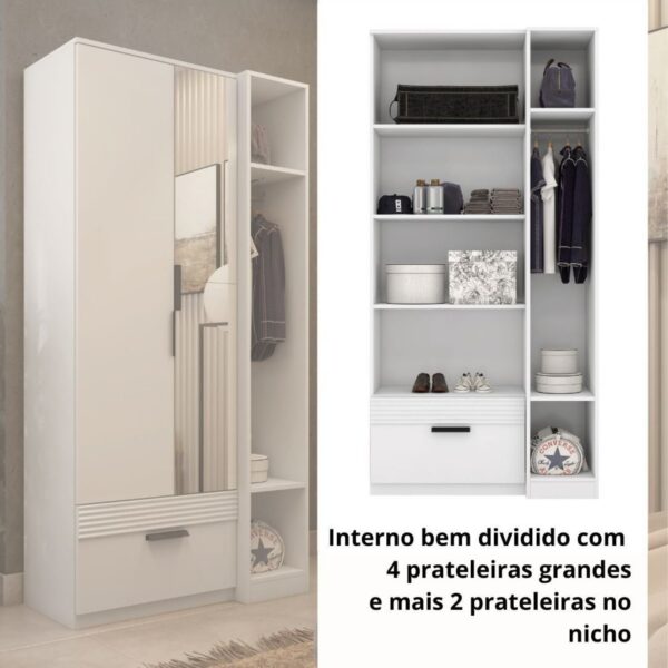Guarda Roupa Solteiro com Espelho 2 Portas 1 Gaveta Capri  Branco - Image 7