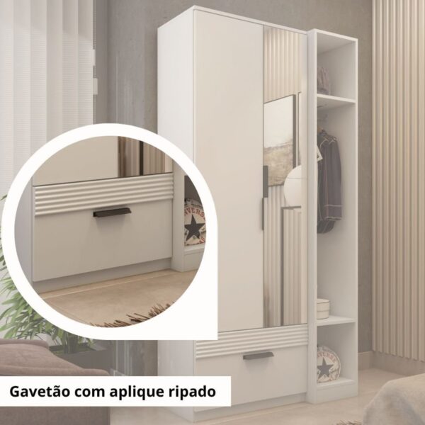 Guarda Roupa Solteiro com Espelho 2 Portas 1 Gaveta Capri  Branco - Image 5