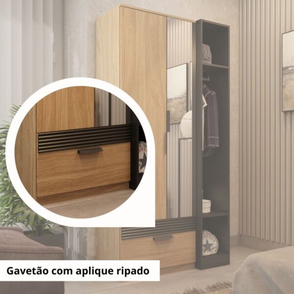 Guarda Roupa Solteiro com Espelho 2 Portas 1 Gaveta Capri  Amêndoa/Preto - Image 5