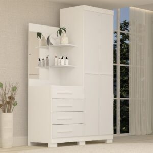 Guarda Roupa Solteiro 110cm 2 Portas e 4 Gavetas com Espelho Flex Color 100% Mdf Melissa  Branco/Rosa/Azul/Lilás