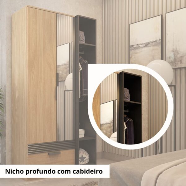 Guarda Roupa Solteiro com Espelho 2 Portas 1 Gaveta Capri  Amêndoa/Preto - Image 7