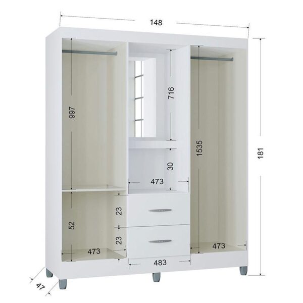 Guarda Roupa Solteiro Cordoba 4 Portas Branco Brilho - Poquema - Image 3