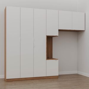 Guarda-Roupa Modulado Solteiro com Mesa de Cabeceira 7 Portas 3 Peças Hera CabeCasa MadeiraMadeira Louro/Branco Geada/Cromado